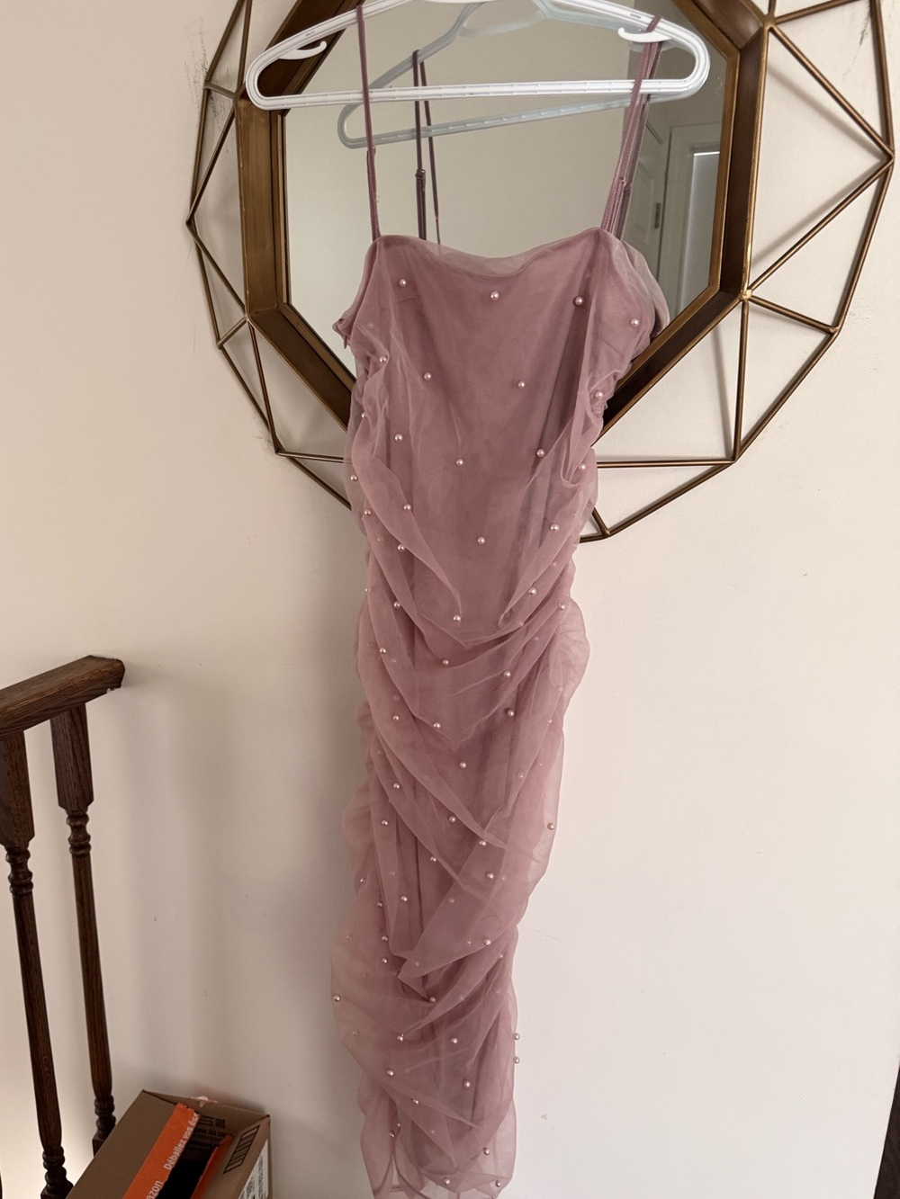SHEIN Dusty Pink Pearl-Embellished Ruched Maxi Dress